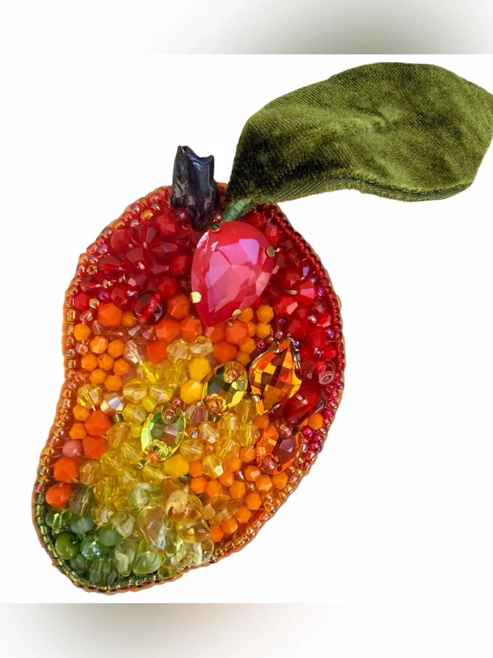 Beaded Mango Brooch Pin — Red Orange Yellow Green